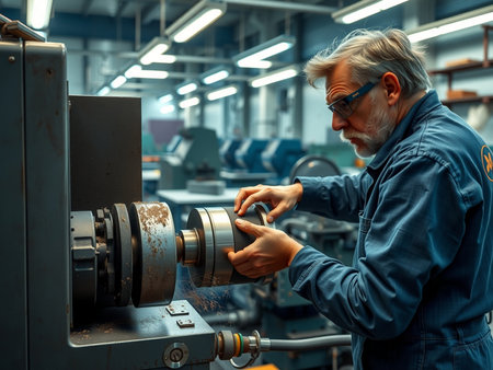 Experienced senior caucasian man working on lathe machine in factoryの素材