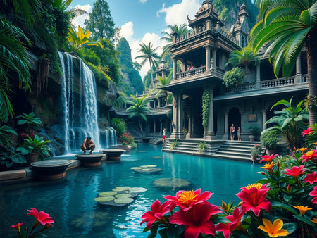 Tropical garden with waterfalls, palm trees and flowers.の素材