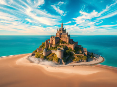 Fantastic aerial view of the famous Mont-Saint-Michel in Normandy, Franceの素材