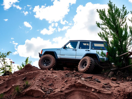 SUV on the sand in the mountains. Off-road vehicleの素材