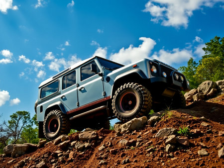 Off-road vehicle on the rocky terrain against the blue sky.の素材