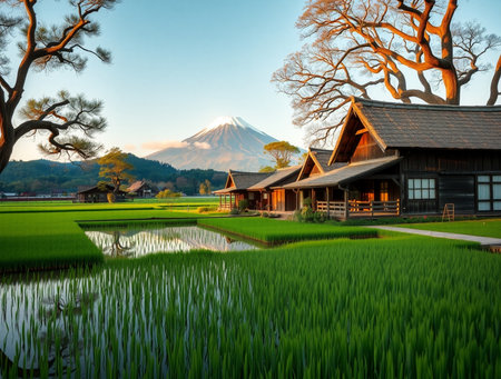 Mt. Fuji and rice field in the morning, Japan.の素材