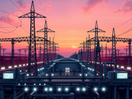 Railway station with high voltage electric lines at sunset,3d renderの素材