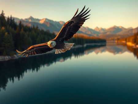 Bald Eagle flying over a lake with mountains in the background.の素材