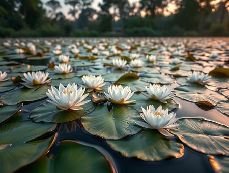 Beautiful white water lily flowers in a pond at sunset.の素材
