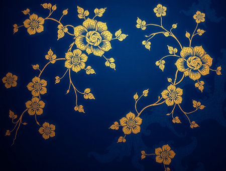 abstract floral background with gold flowers on a dark blue background.の素材