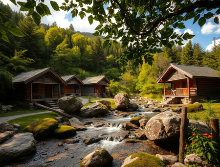 Wooden cabins on the bank of the mountain river in the forestの素材