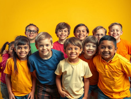 group of smiling kids standing together and looking at camera on yellow backgroundの素材