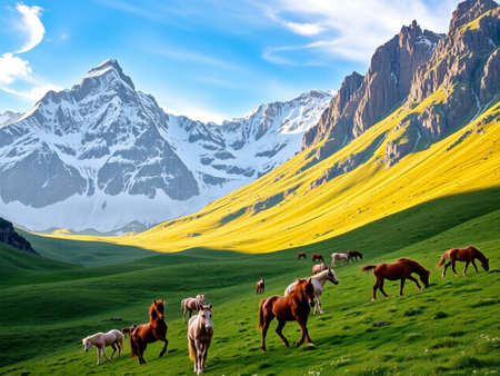 Horses grazing in the mountains. Beautiful mountain landscape with horses.の素材