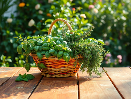 Fresh herbs in a basket on a wooden table in the garden.の素材