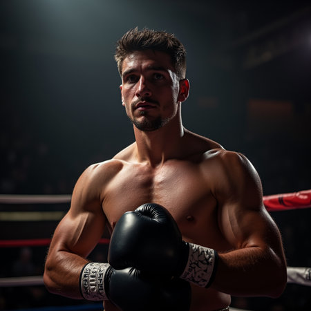 Handsome muscular boxer in the ring at the gym. Boxing conceptの素材