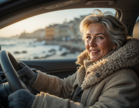 smiling middle aged woman driving car and looking away on winter dayの素材
