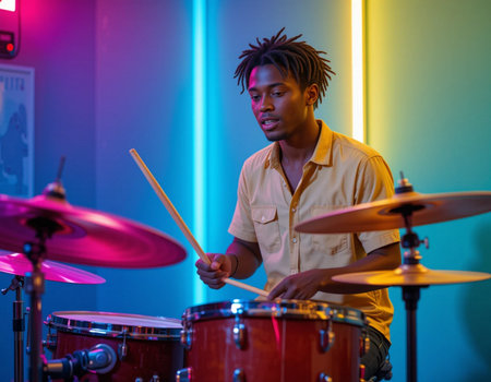 African american male drummer playing drums on a stage in neon lightの素材
