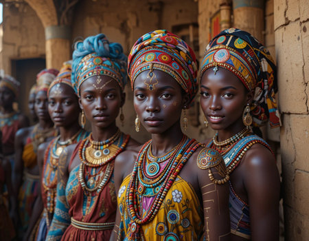 Group of beautiful African women in traditional clothes in Madurai, India.の素材