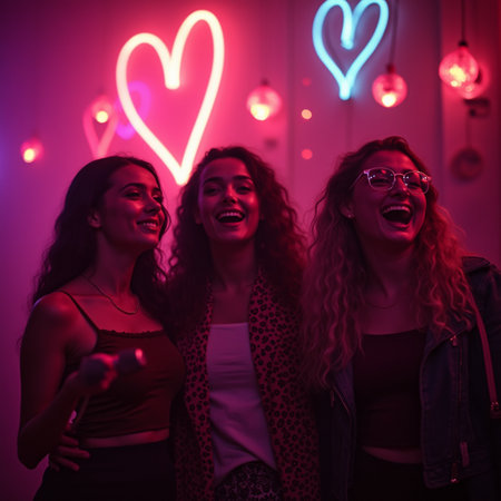Group of young women singing and having fun at a nightclub party.の素材