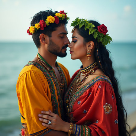 Portrait of beautiful Indian couple in traditional clothes on the beachの素材