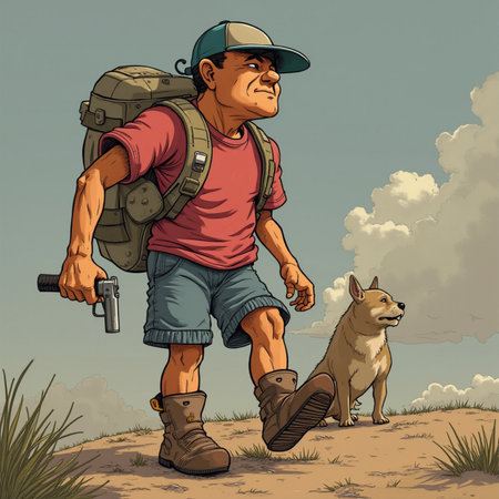 Vector illustration of a man with a backpack and a dog on the hillの素材