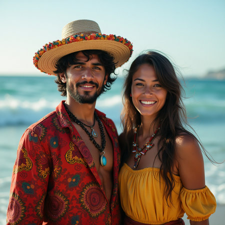 Portrait of happy young couple in summer clothes on the beach.の素材