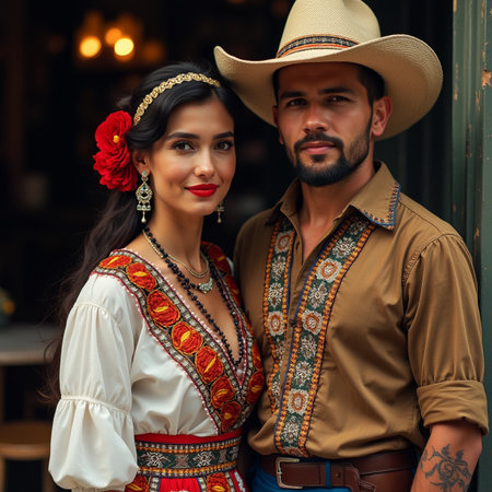 Beautiful couple in traditional Ukrainian clothes posing outdoor.の素材