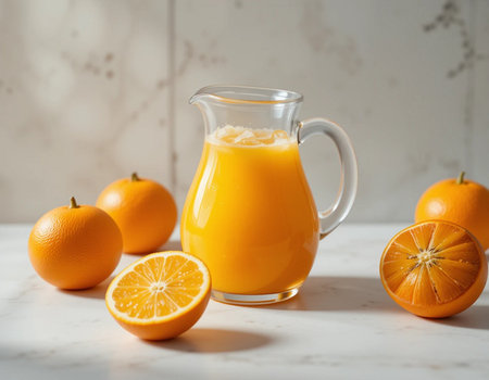 Freshly squeezed orange juice in a glass jug on a white marble tableの素材