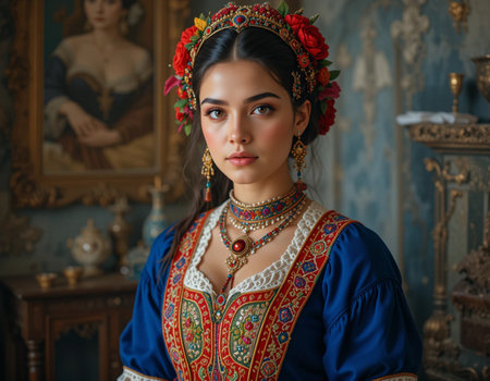 Portrait of a beautiful young woman in traditional Ukrainian costumeの素材