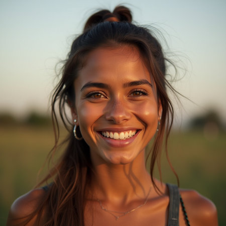 Portrait of a beautiful smiling young woman in the field at sunsetの素材