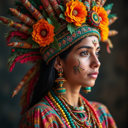 Portrait of a beautiful Indian girl in a colorful headdress.の素材