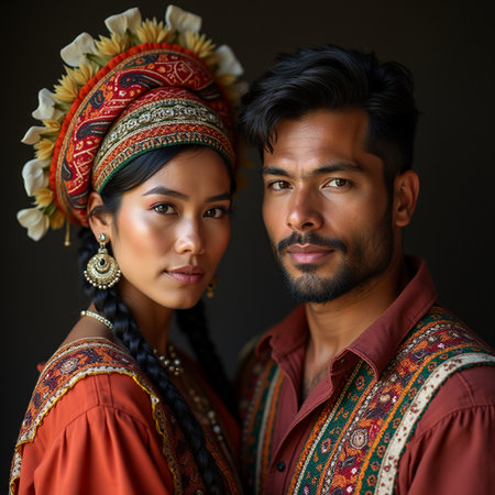 Portrait of a young Indian couple in traditional clothing and headscarfの素材