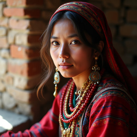 Portrait of a beautiful woman in traditional costume at a rural village.の素材