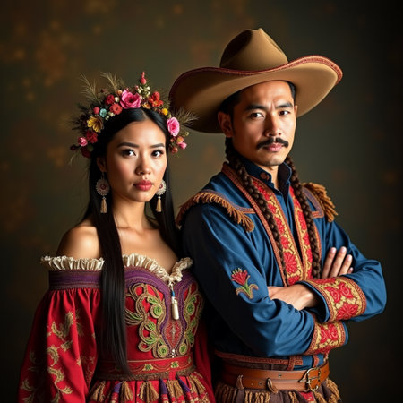Portrait of a beautiful Asian couple in traditional costume on dark backgroundの素材