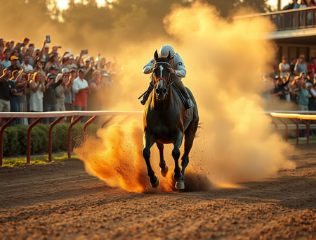 Racing horse with jockey in action at gallop race.の素材