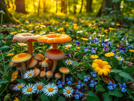 Mushrooms in the forest with daisies and violetsの素材