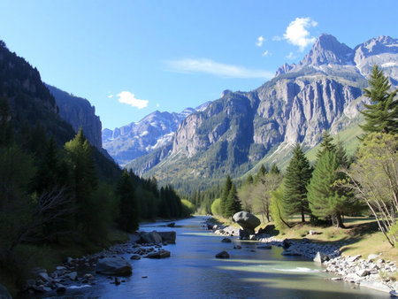 mountain landscape with river and blue sky, South Tyrol, Italyの素材