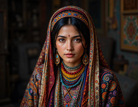 Portrait of a beautiful young Indian woman in traditional clothes.の素材