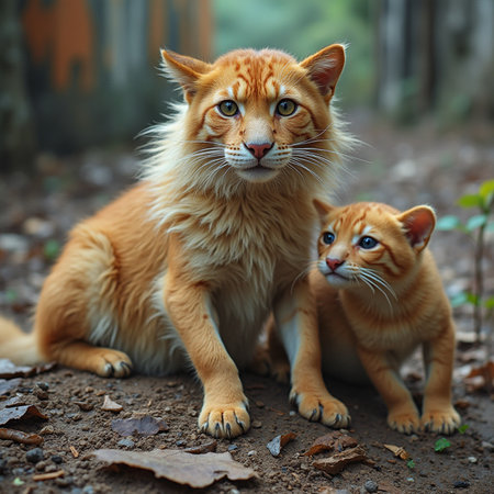 ginger cat and red cat together in the forest, close upの素材