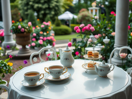Tea set on the table in a garden. Selective focus.の素材
