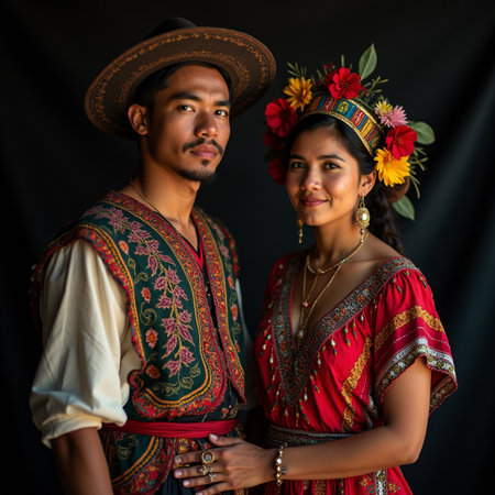 Portrait of a young couple dressed in traditional costume of South Americaの素材
