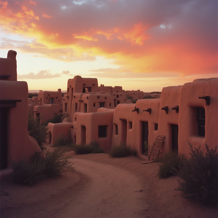 Abandoned village in the middle of the desert at sunset.の素材