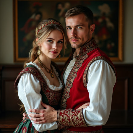 Portrait of a beautiful young couple in traditional Russian clothes.の素材