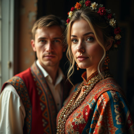 Portrait of a beautiful young couple in traditional Ukrainian clothesの素材