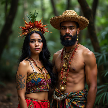 Portrait of a beautiful couple in traditional costume in the jungle.の素材