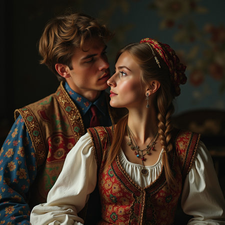 Young couple in traditional Russian clothes in the room. Retro style.の素材