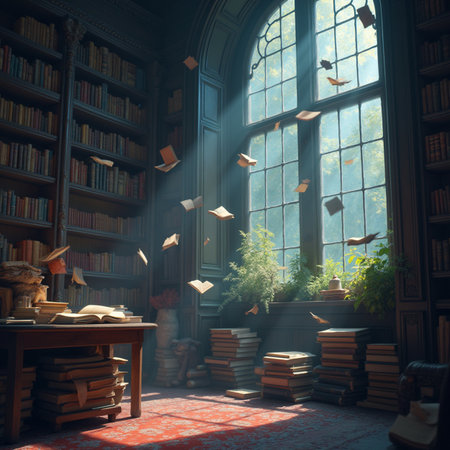 The interior of the library with books and a window. 3d renderの素材