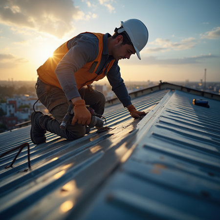 Roofer working on the roof of a residential building at sunset.の素材