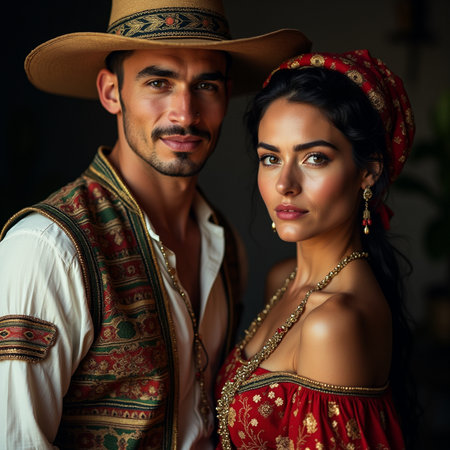 Portrait of a young couple in traditional clothes. Retro style.の素材