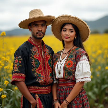 Portrait of a beautiful young Asian couple in traditional dress and hat standing in a field of yellow flowersの素材