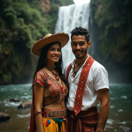 Young couple in traditional clothes at beautiful waterfall, Bali, Indonesiaの素材