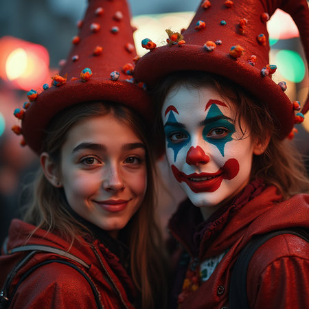 Two young women in carnival costumes with painted faces and red hats.の素材