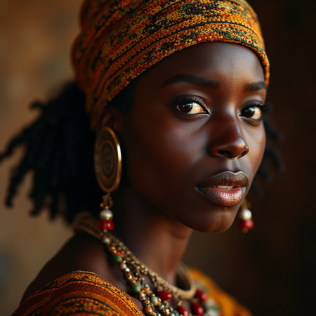 Portrait of a beautiful African woman in traditional clothing and jewelry.の素材
