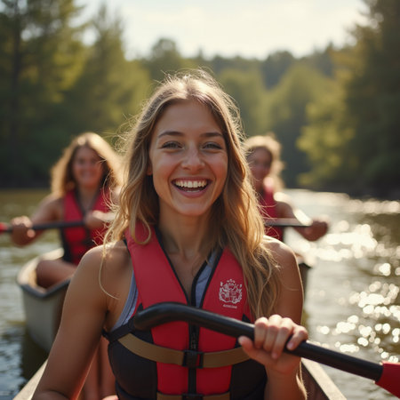 Group of happy friends rowing in a rowboat on a lakeの素材